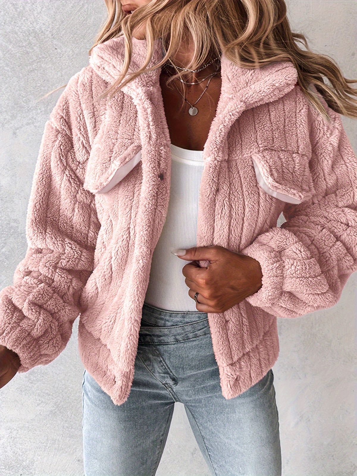 Women’s Soft Pink Plush Jacket – Button-Up Winter Coat with Lapel Collar