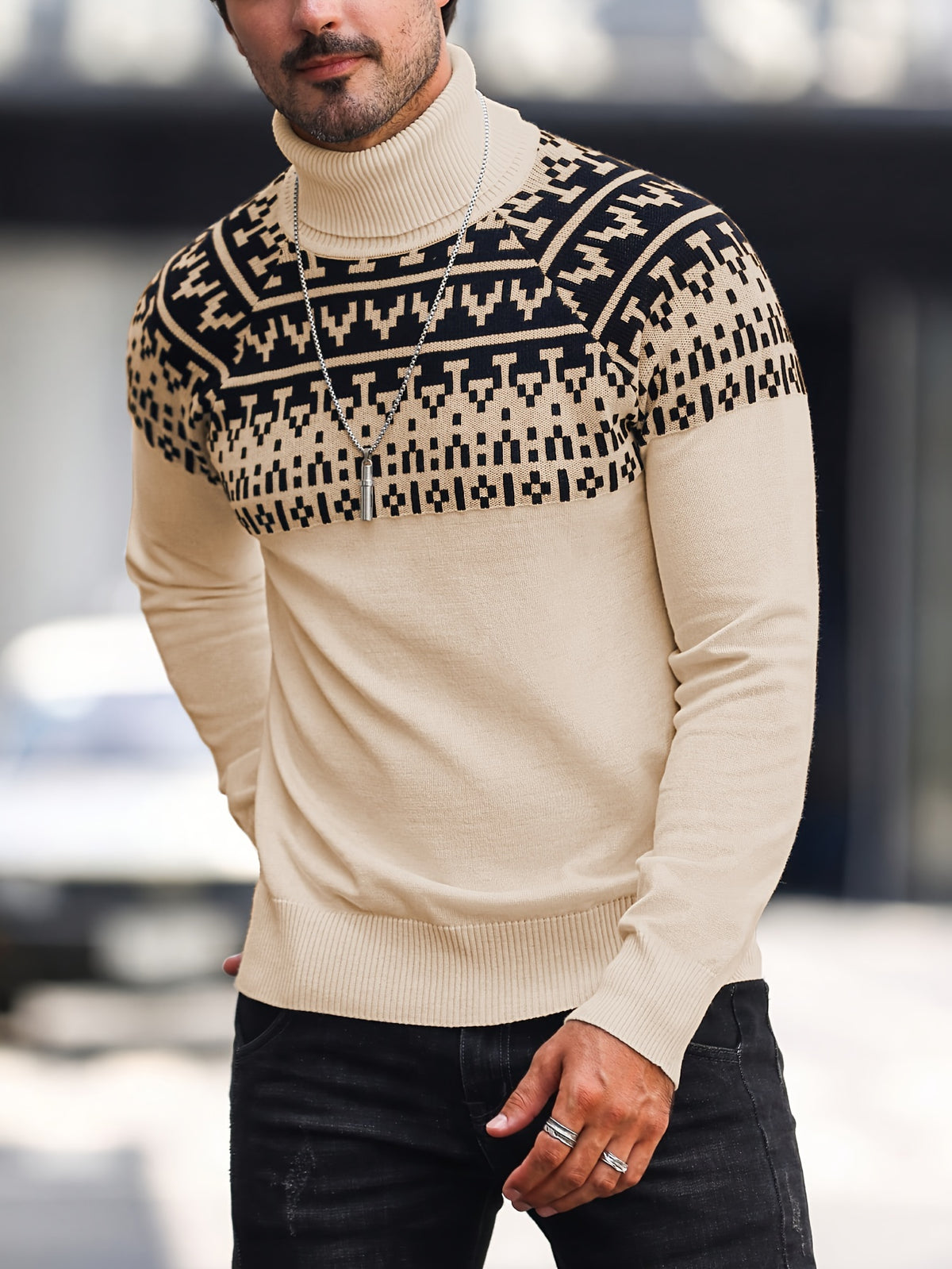 Men’s Geometric Turtleneck Sweater – Casual Knit Pullover for Fall & Winter