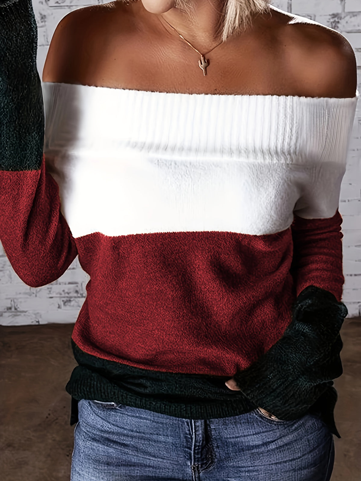 Women’s Off-Shoulder Color Block Sweater – Chic Fall Knit Pullover