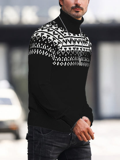 Men’s Geometric Turtleneck Sweater – Casual Knit Pullover for Fall & Winter
