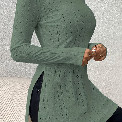 Elegant Long Sleeve Split Hem Top – Crew Neck Eyelet T-Shirt