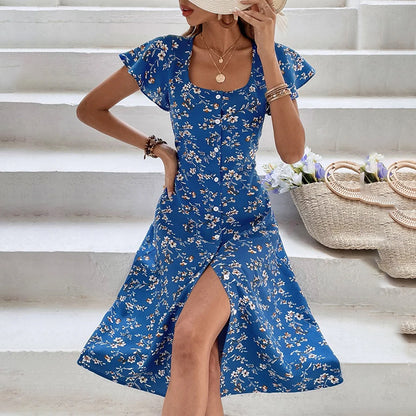 Robe longue boutonnée florale style bohème – Robe de plage fendue d'été