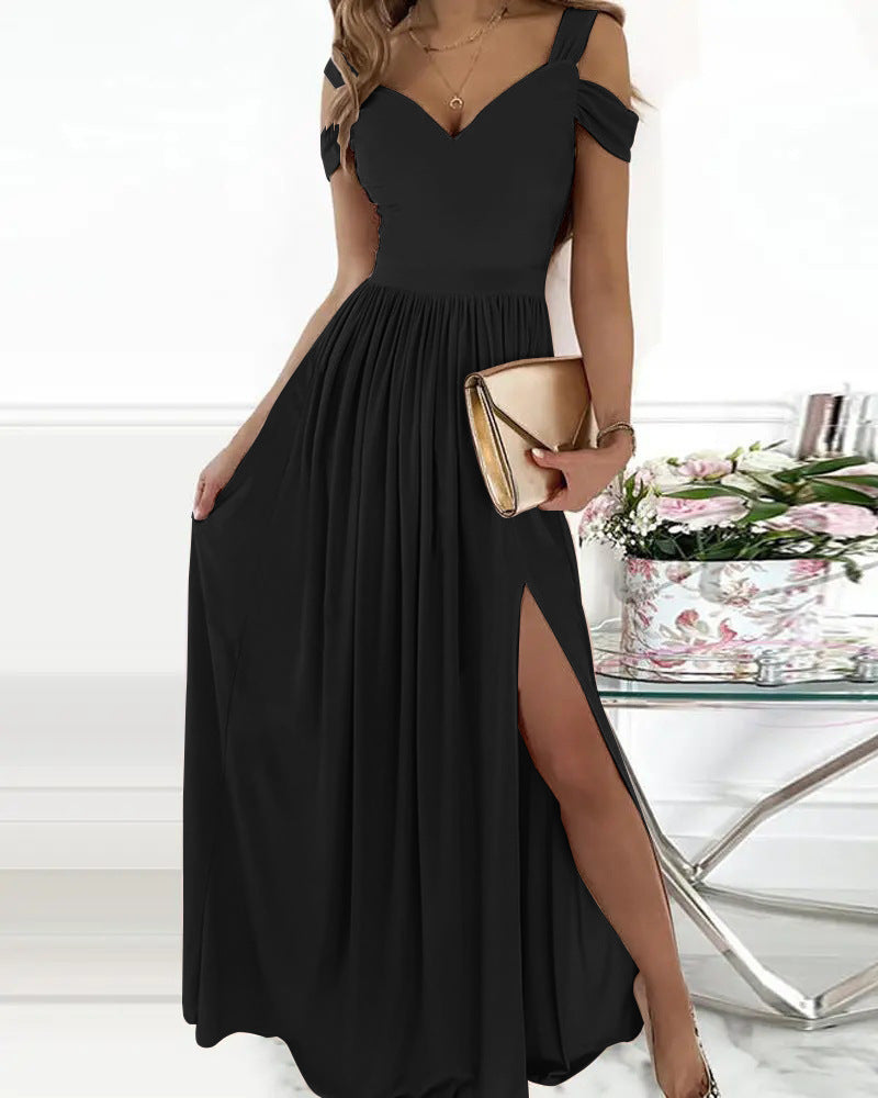 Robe longue bohème à col en V et bretelles spaghetti – Robe de plage fluide et fendue