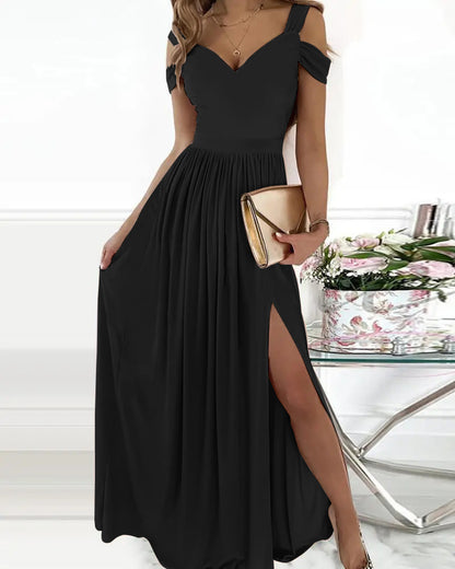 Robe longue bohème à col en V et bretelles spaghetti – Robe de plage fluide et fendue
