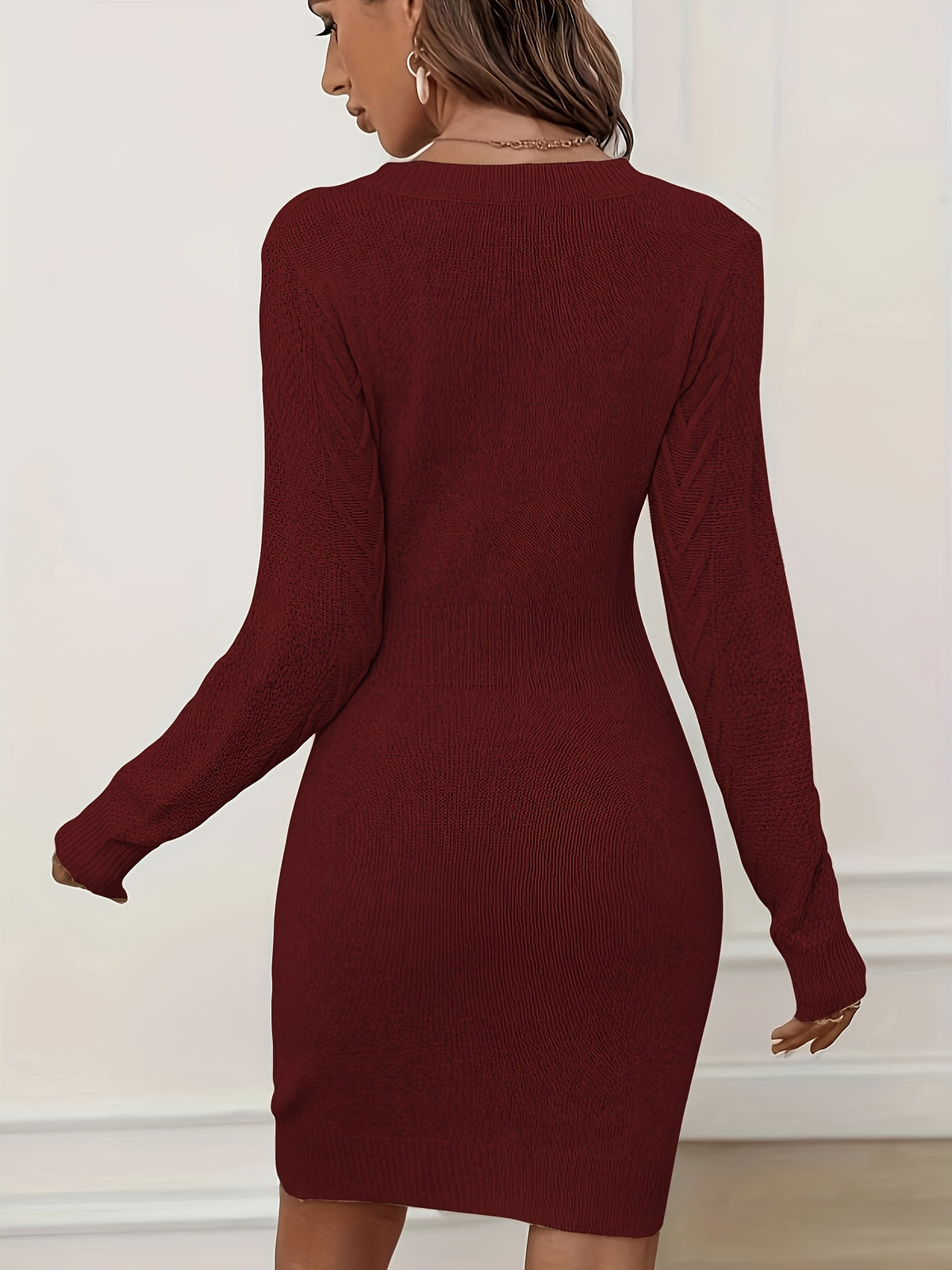 Cinched Waist Long Sleeve Bodycon Dress – Elegant Crew Neck Sweater Dress