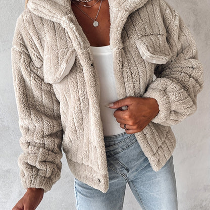 Veste douillette rose pâle en peluche pour femme – Manteau d'hiver chaud à revers boutonné