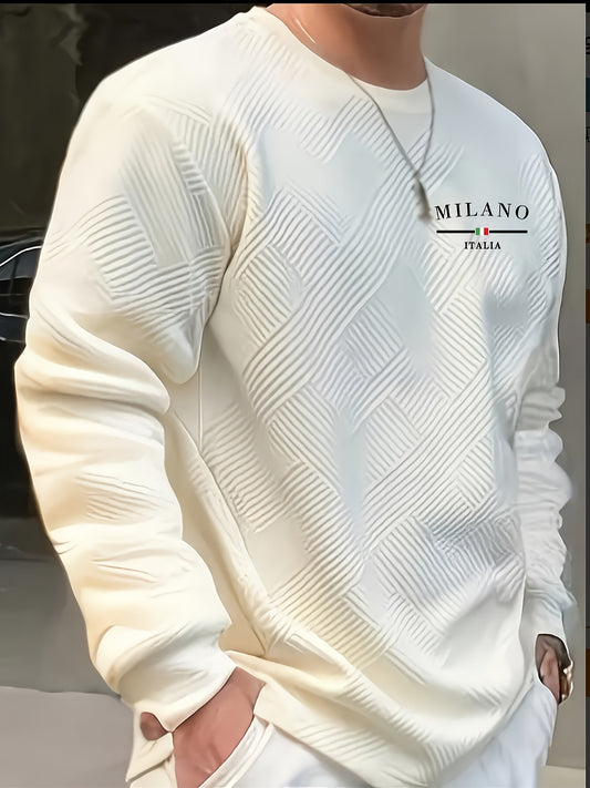 Men’s Jacquard Crew Neck Sweatshirt – Casual Geometric Long Sleeve Pullover