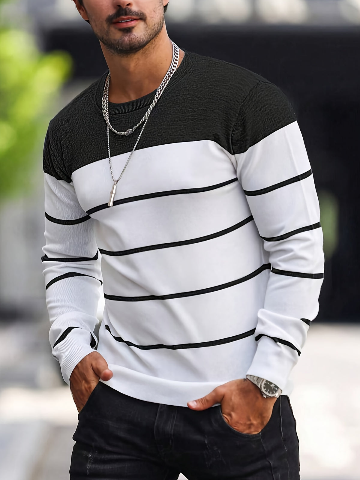Men’s Navy Striped Knit Sweater – Casual Crew Neck Pullover
