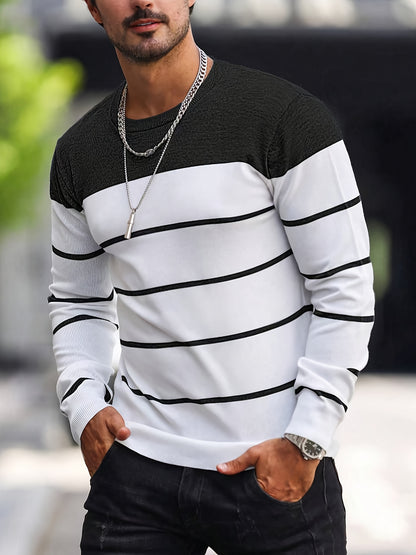 Men’s Navy Striped Knit Sweater – Casual Crew Neck Pullover