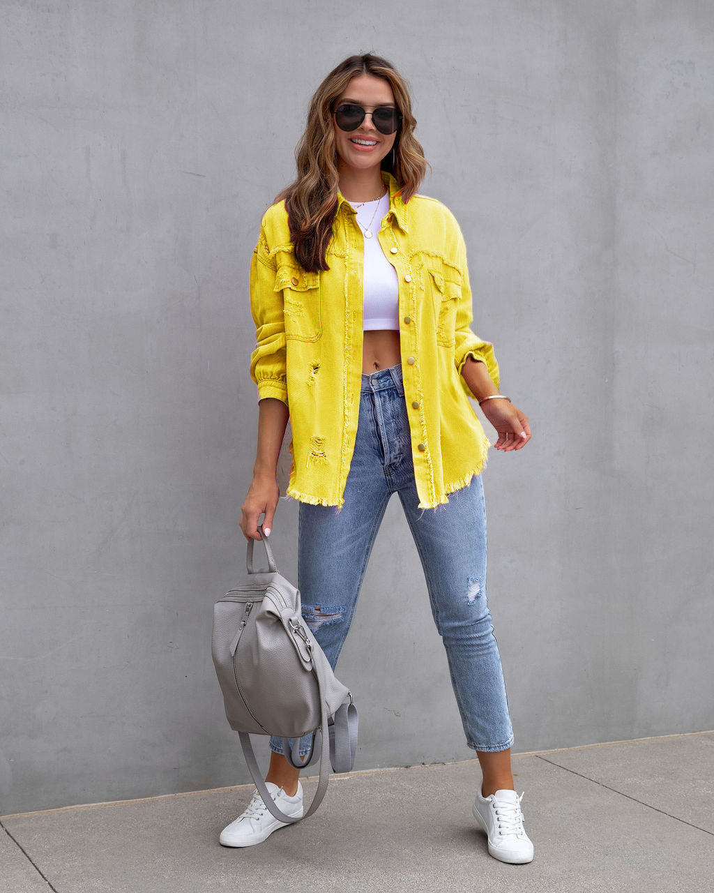 Veste chemise déchirée Loom & Soul pour femme – Haut décontracté ample boutonné pour le printemps et l'automne