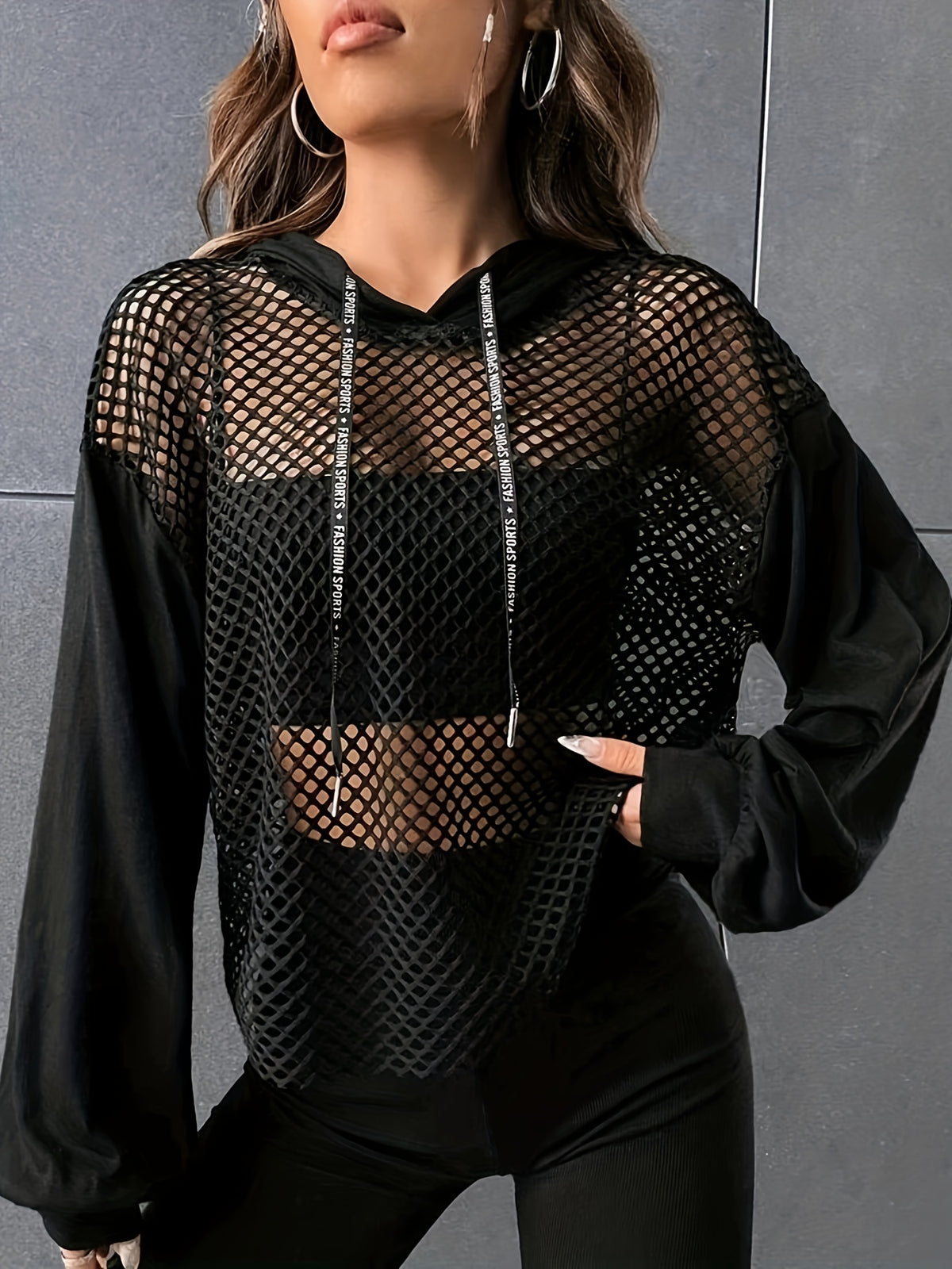 T-shirt à manches longues à capuche en maille Y2K – Haut de rue transparent contrastant pour femme