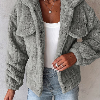 Veste douillette rose pâle en peluche pour femme – Manteau d'hiver chaud à revers boutonné