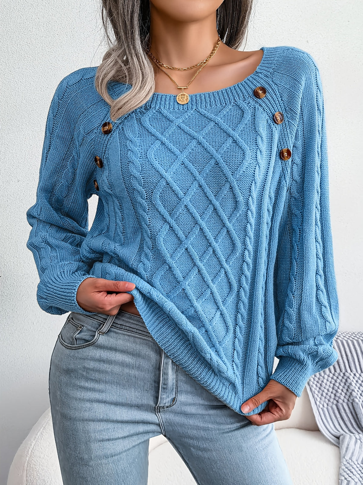 Pull texturé à manches lanternes pour femme – Haut en maille à boutons