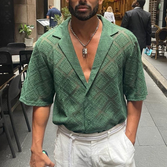 Men’s Breathable Hollow-Out Shirt – Short Sleeve Casual Lapel Top