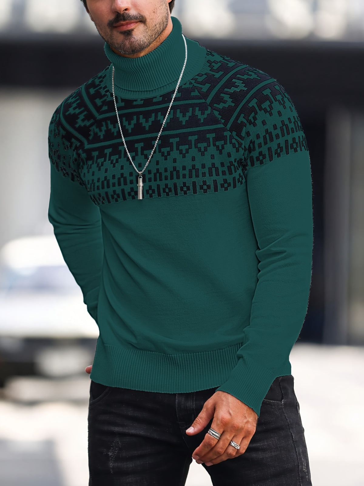 Men’s Geometric Turtleneck Sweater – Casual Knit Pullover for Fall & Winter