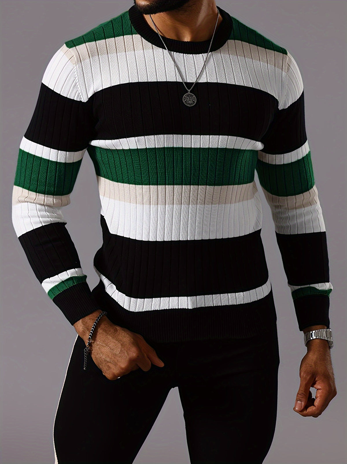 Men’s Striped Ribbed Knit Sweater – Color-Block Fall Winter Pullover