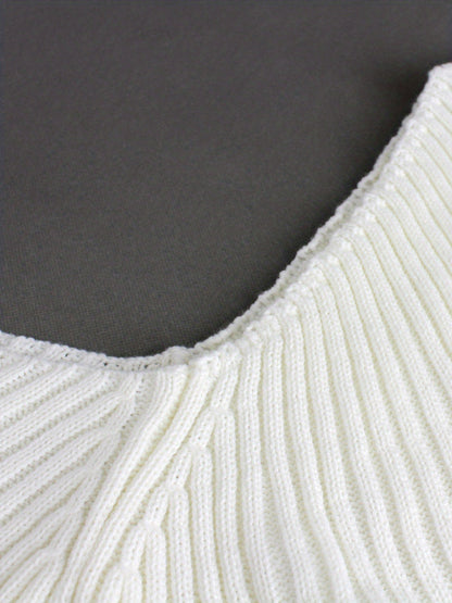Pull côtelé à épaules dénudées – Haut court en maille à manches longues pour femme