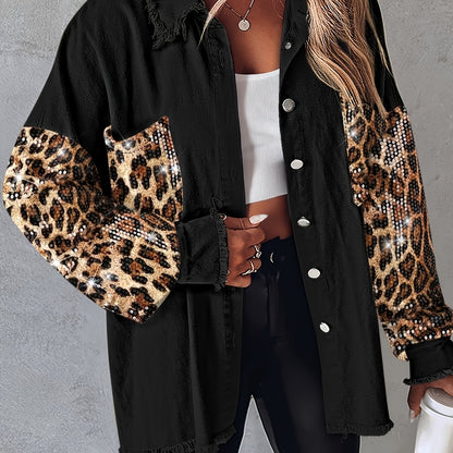 Veste chemise patchwork à paillettes et pampilles pour femme – Veste à manches longues contrastantes duveteuses