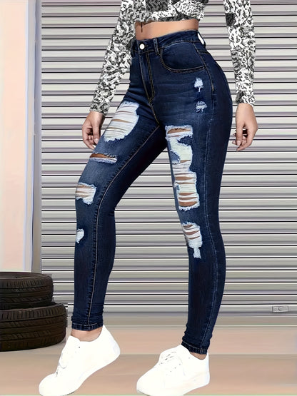 Women’s High Waist Ripped Skinny Jeans – Dark Wash Distressed Denim