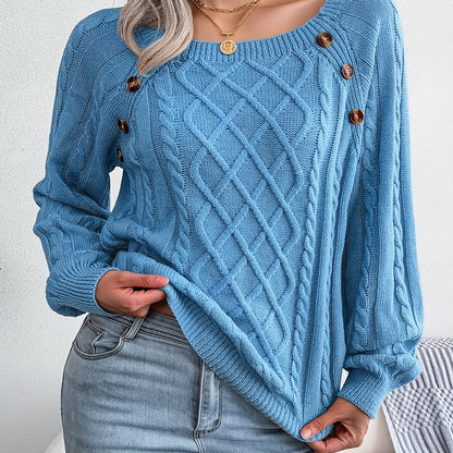 Pull texturé à manches lanternes pour femme – Haut en maille à boutons