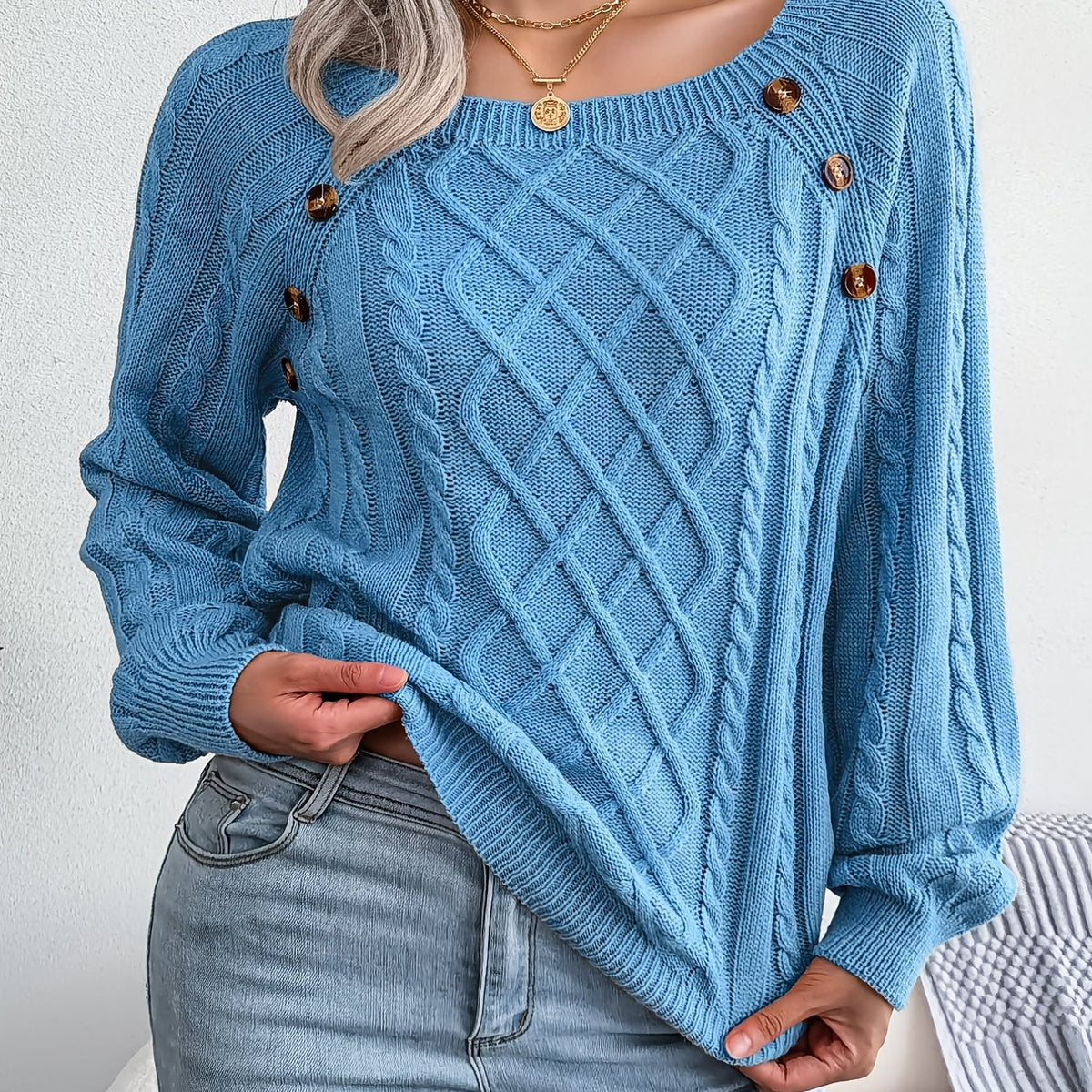 Pull texturé à manches lanternes pour femme – Haut en maille à boutons