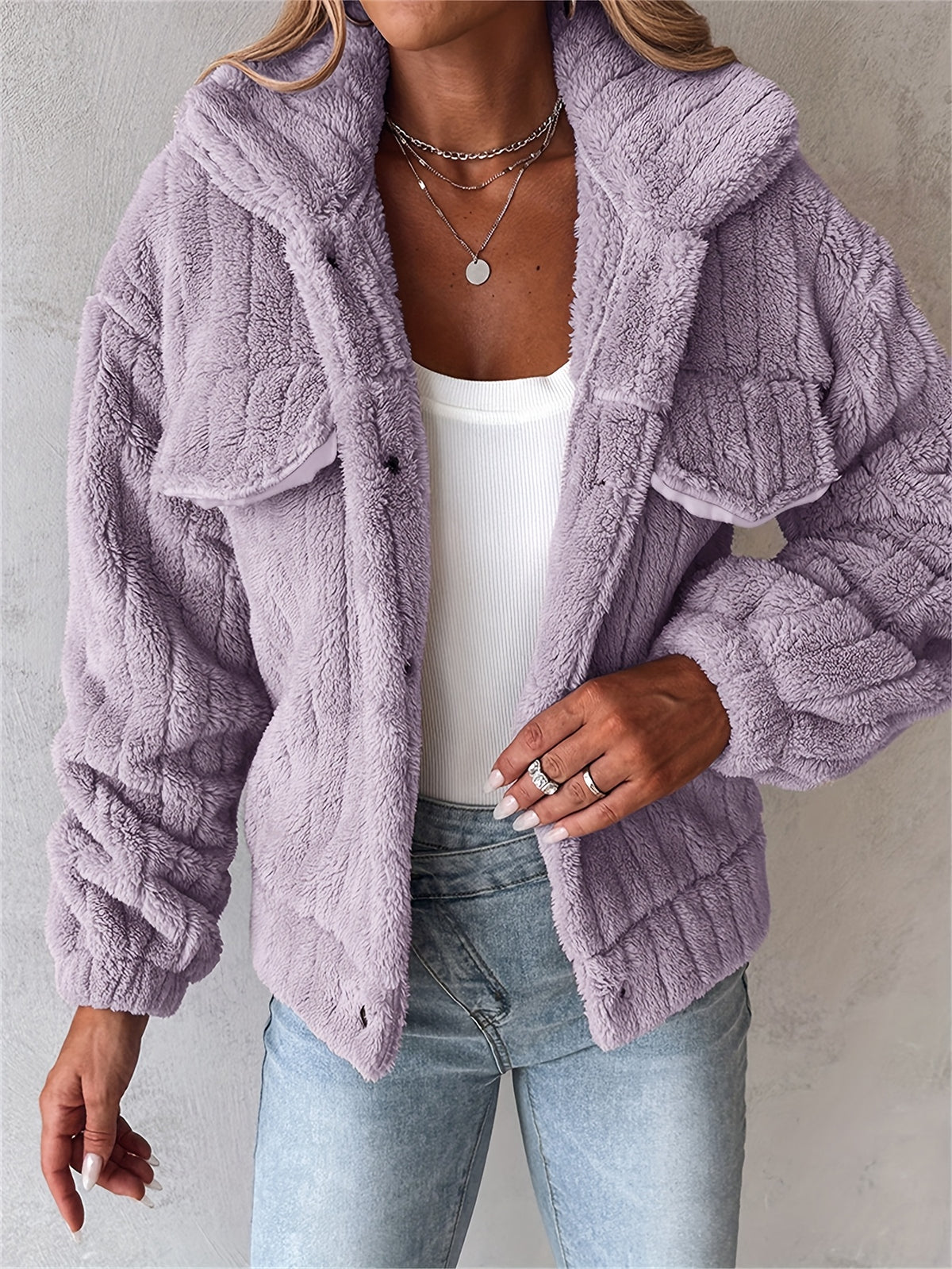 Veste douillette rose pâle en peluche pour femme – Manteau d'hiver chaud à revers boutonné