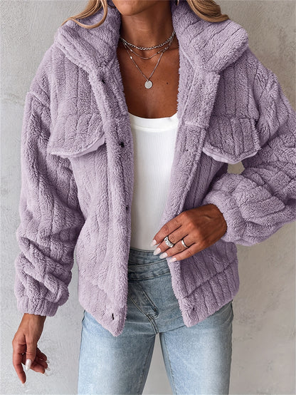 Veste douillette rose pâle en peluche pour femme – Manteau d'hiver chaud à revers boutonné