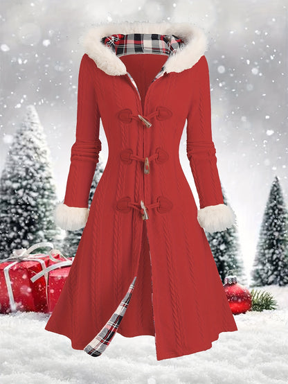 Manteau à capuche écossais Y2K pour femme – Veste longue d'hiver patchwork rouge et blanc