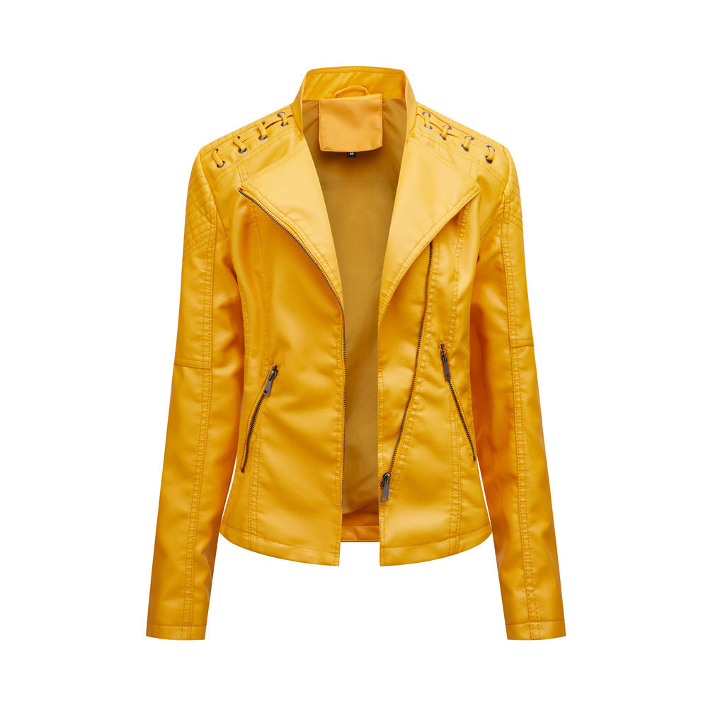 Loom & Soul™ Women’s Slim PU Leather Moto Jacket – Short Lapel Biker Coat for Chic Everyday Confidence