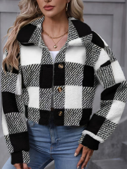 Manteau en peluche à carreaux pour femme – Vêtement d'extérieur chaud à carreaux pour l'automne/hiver avec boutons