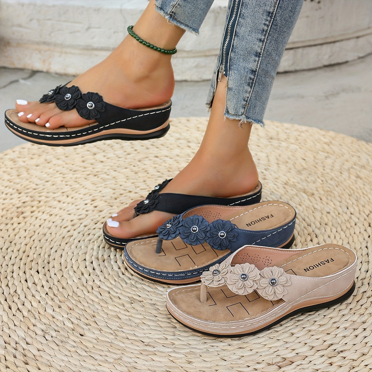 Floral Wedge Flip Flop Sandals – Elegant Platform Summer Shoes