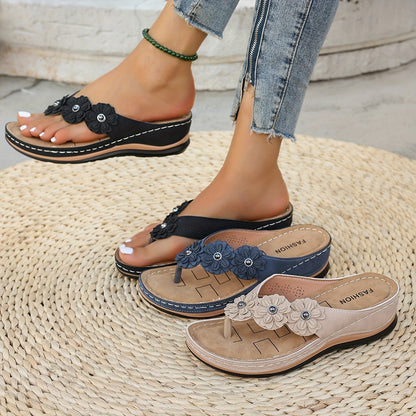 Floral Wedge Flip Flop Sandals – Elegant Platform Summer Shoes