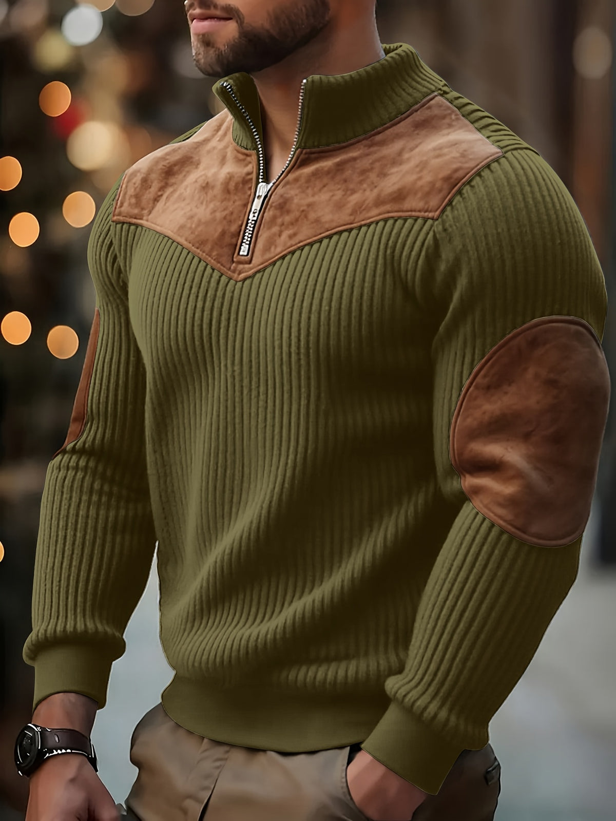 Pull Homme Demi-Zip Col Droit – Sweat Rétro Chaud et Côtelé