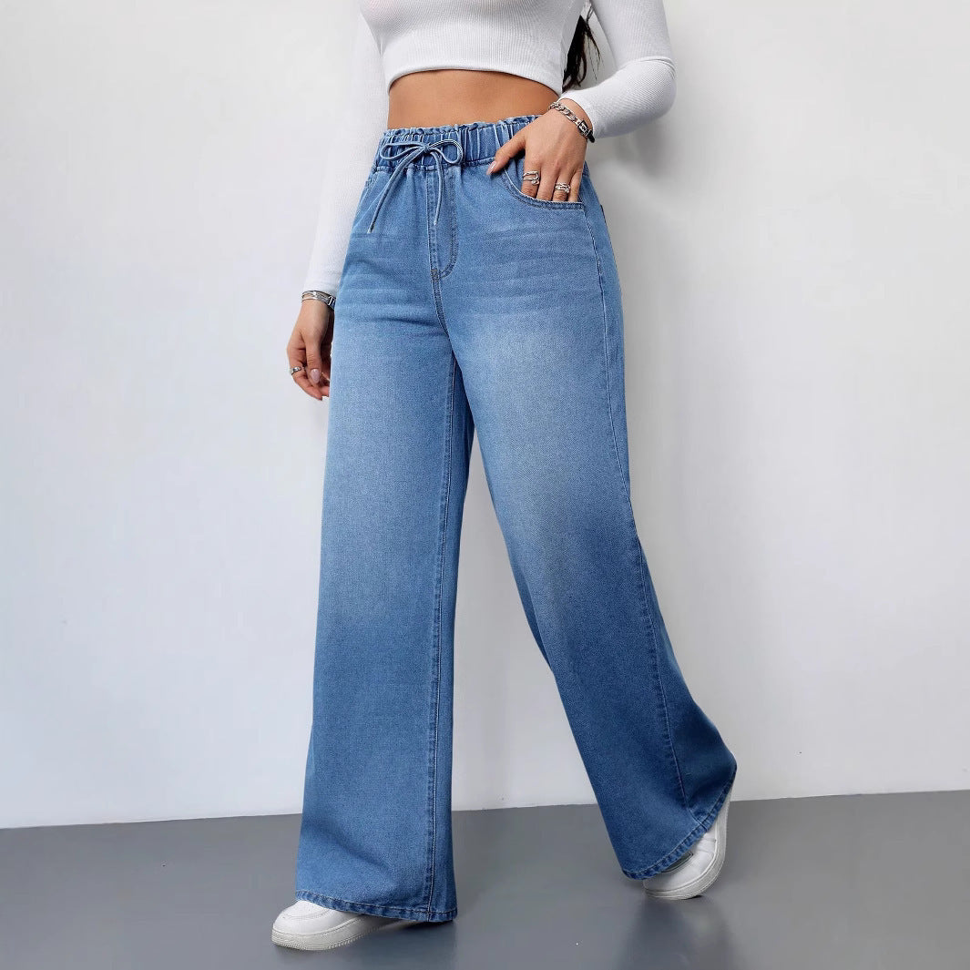 Jean large taille haute pour femme – Denim stretch avec cordon de serrage 2025