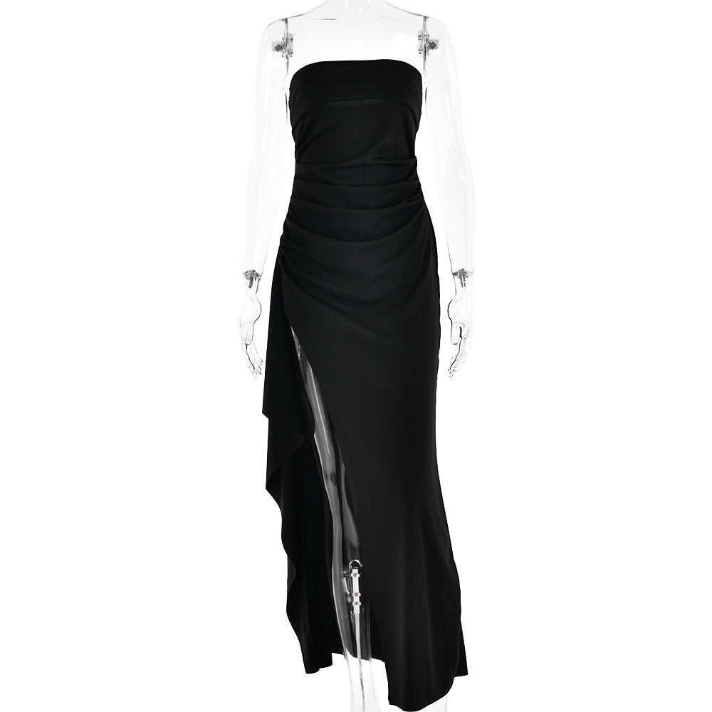 Robe longue plissée bustier – Robe de soirée de demoiselle d'honneur élégante fendue