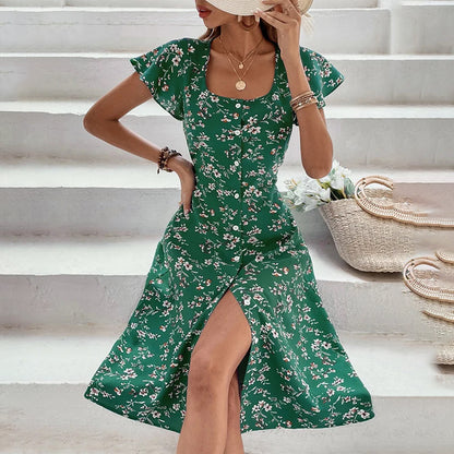 Robe longue boutonnée florale style bohème – Robe de plage fendue d'été