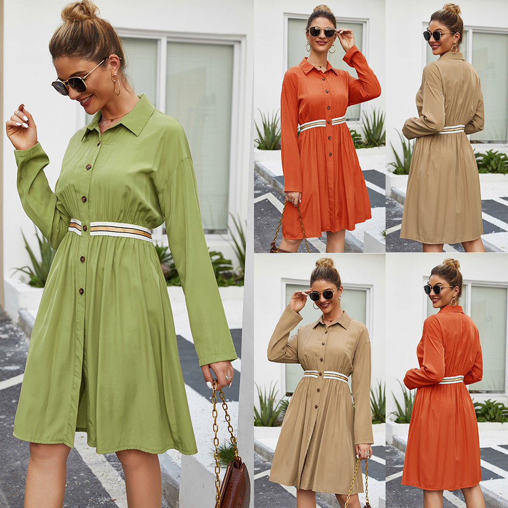 Casual Polo Collar Midi Dress – Elegant Long Sleeve A-Line Dress
