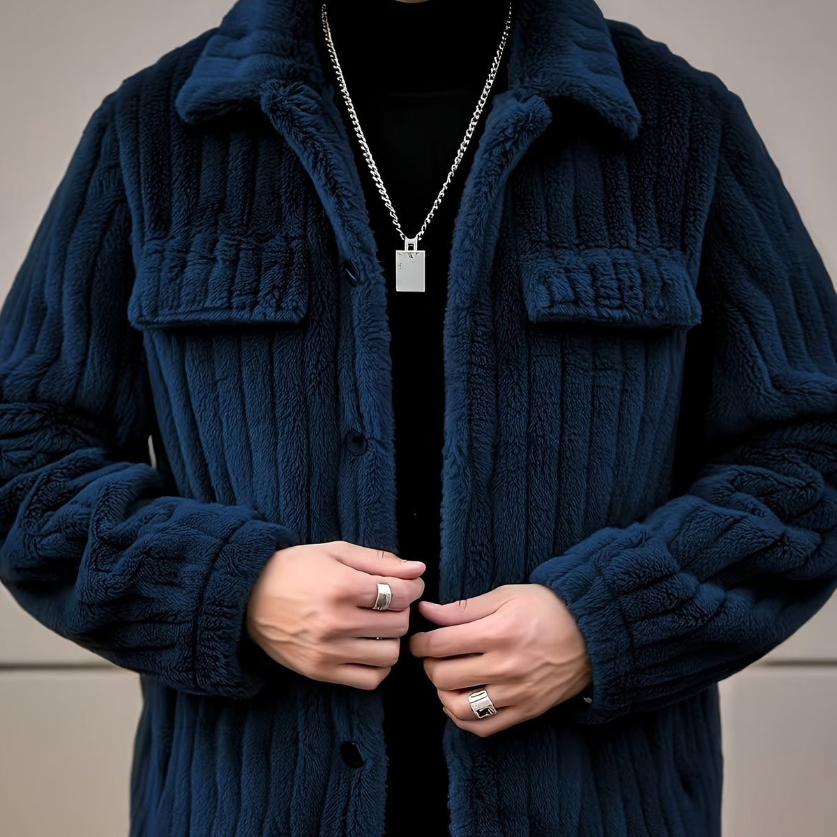 Men’s Flannel Button Jacket – Winter Casual Lapel Coat