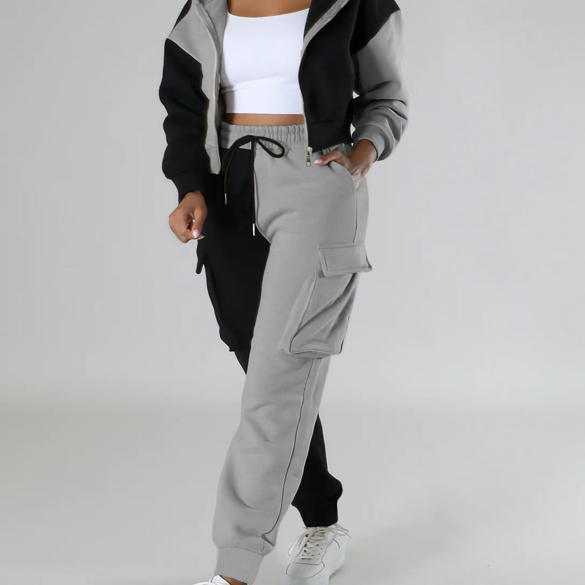 Colorblock Hooded Jacket & Cargo Pants Set – Women’s Zip-Up Two-Piece