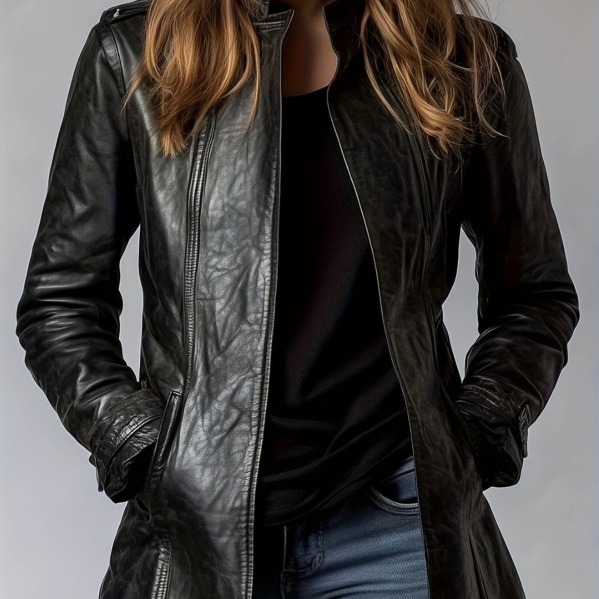 Blouson moto en cuir PU pour femme – Veste zippée style rétro à col montant