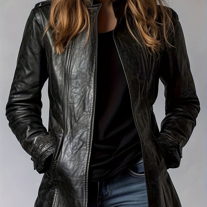 Blouson moto en cuir PU pour femme – Veste zippée style rétro à col montant