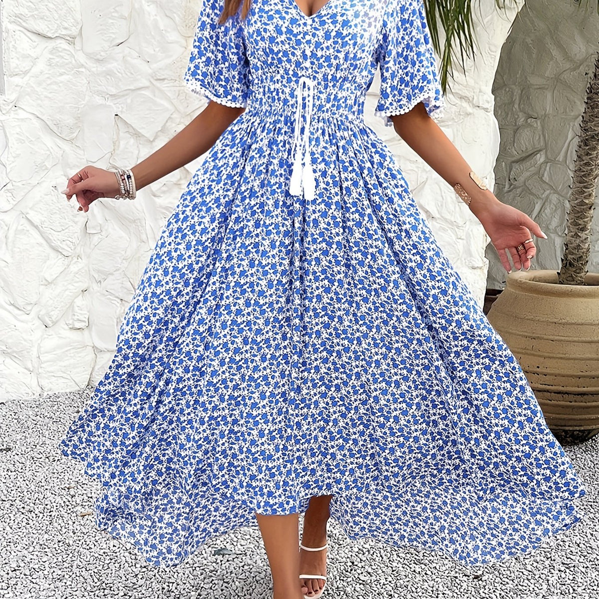 Vestido midi floral con borlas y cuello en V – Vestido midi acampanado con estampado elegante