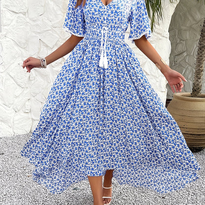 Vestido midi floral con borlas y cuello en V – Vestido midi acampanado con estampado elegante