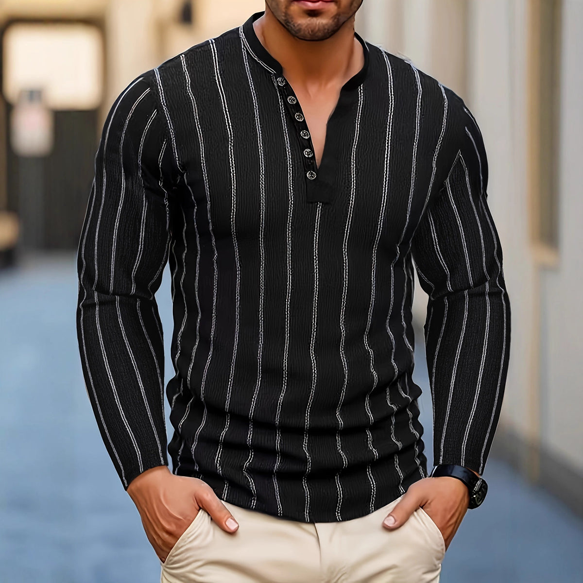 Men’s Striped Crew Neck Long Sleeve – Slim Fit Casual Pullover