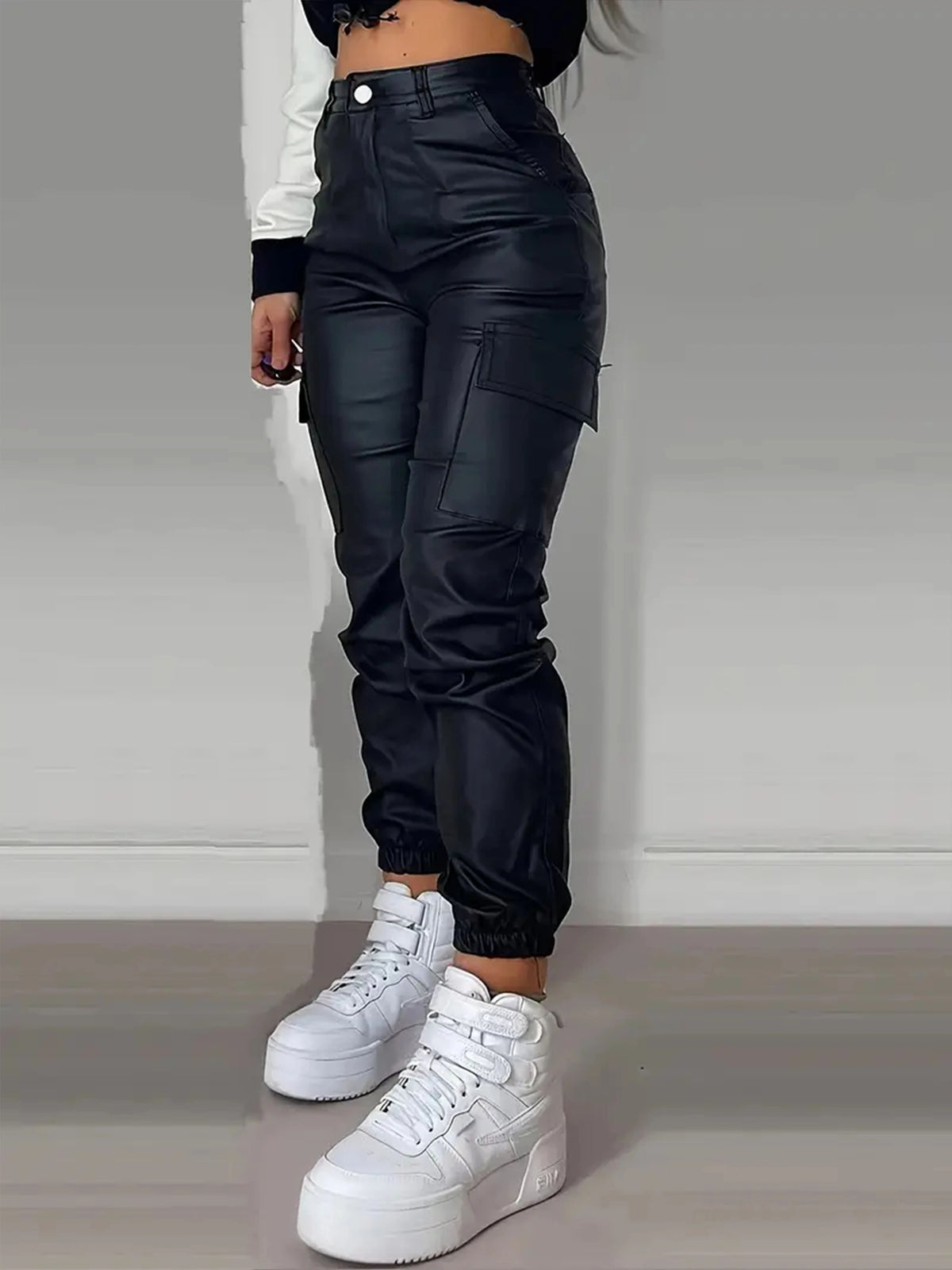 Jean Cargo Taille Haute Extensible Femme – Jean Noir Brillant