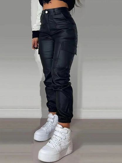 Jean Cargo Taille Haute Extensible Femme – Jean Noir Brillant