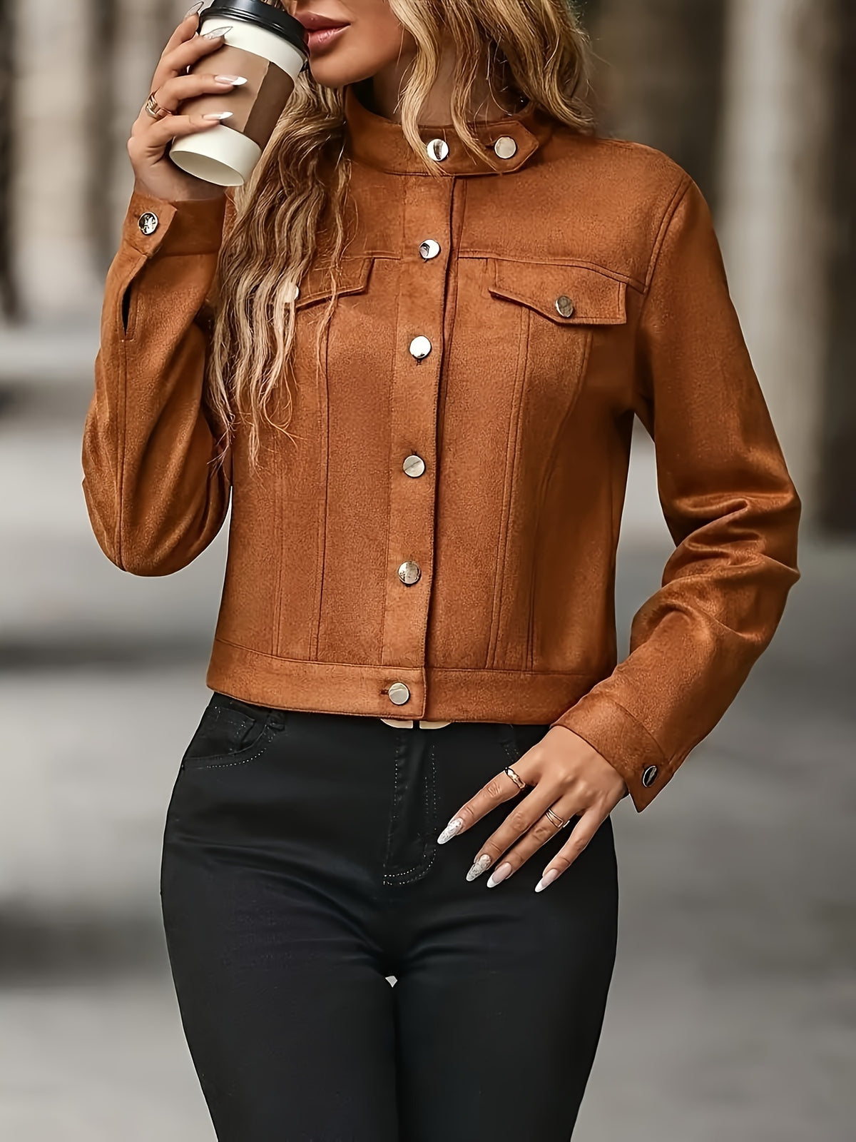 Vintage Suede Jacket – Women’s Stand Collar Button-Up Chic Spring/Fall Coat