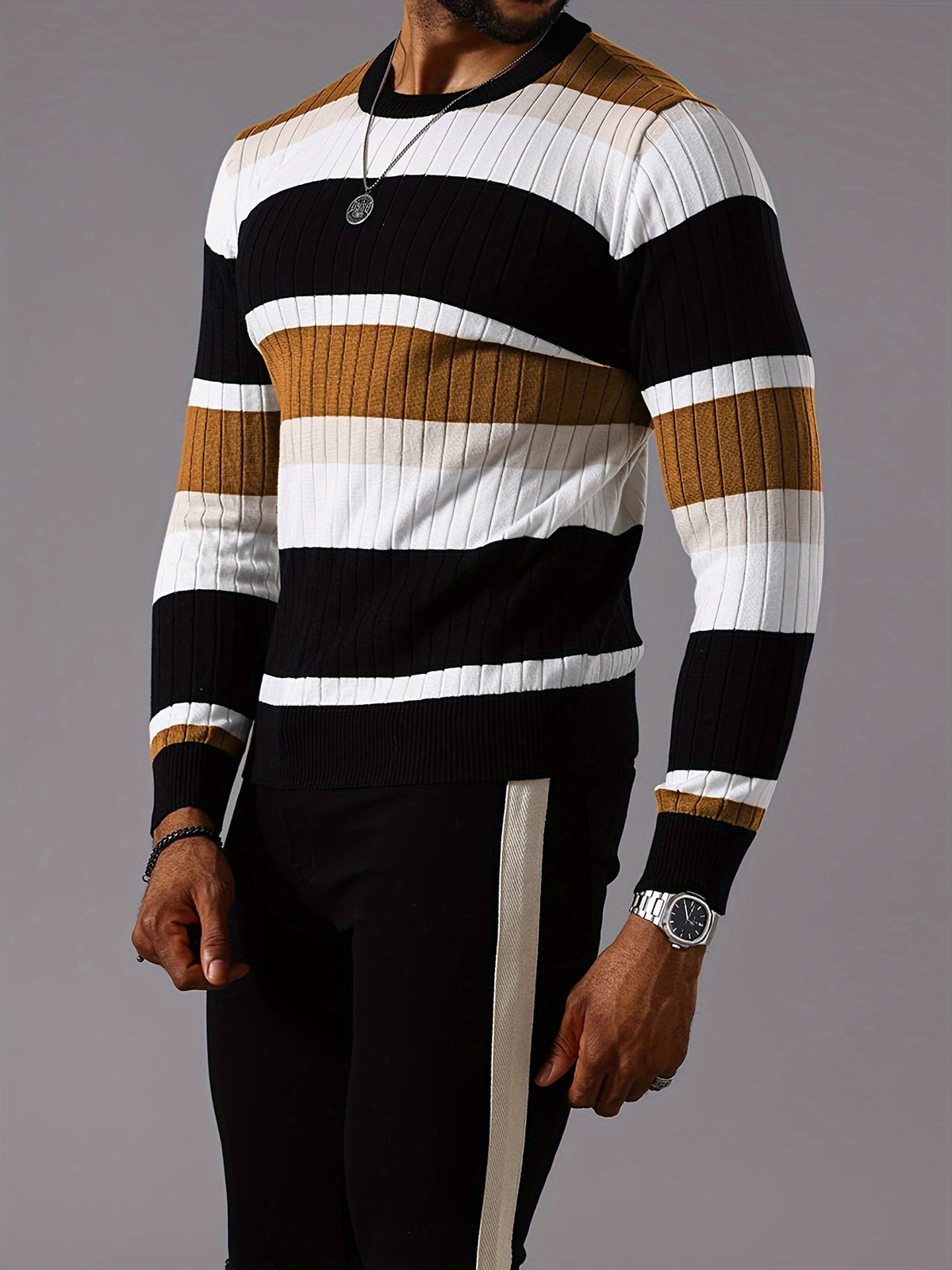 Men’s Striped Ribbed Knit Sweater – Color-Block Fall Winter Pullover