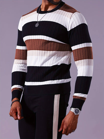 Men’s Striped Ribbed Knit Sweater – Color-Block Fall Winter Pullover