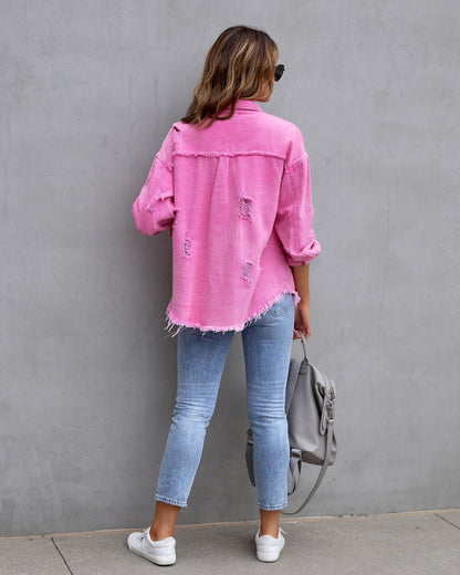 Veste chemise déchirée Loom & Soul pour femme – Haut décontracté ample boutonné pour le printemps et l'automne